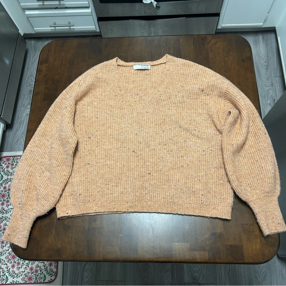 Sophie Rue Peachy Tan w/ Black Flecks V-Neck Ribbed Knit Sweater XL